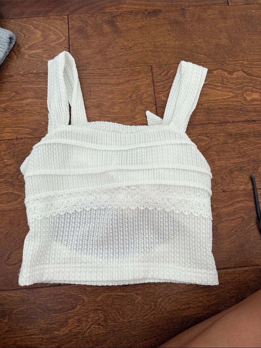 SHEIN White Waffle Knit Lace-Trim Crop Top